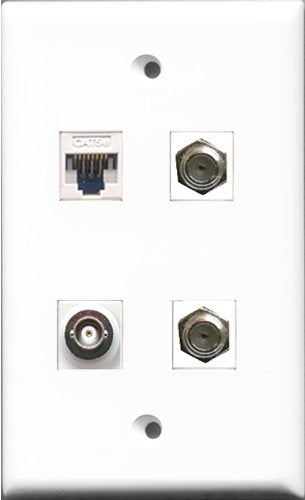 RiteAV - 2 Port Coax Cable TV- F-Type and 1 Port BNC and 1 Port Cat5e Ethernet White Wall Plate