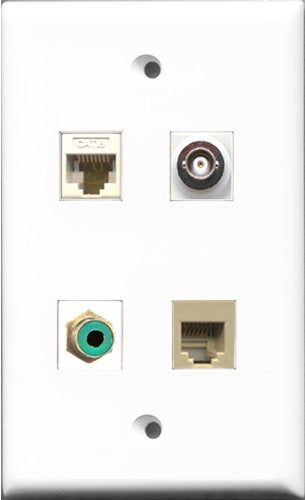 RiteAV 1 Port RCA Green and 1 Port Phone RJ11 RJ12 Beige and 1 Port BNC and 1 Port Cat6 Ethernet White Wall Plate