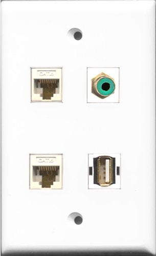RiteAV 1 Port RCA Green and 1 Port USB A-A 2 Port Cat6 Ethernet White Wall Plate