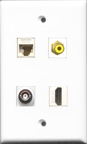 RiteAV 1 Port HDMI and 1 Port RCA Yellow and 1 Port BNC and 1 Port Cat6 Ethernet White Wall Plate