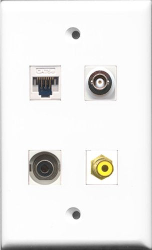 RiteAV - 1 Port RCA Yellow and 1 Port 3.5mm and 1 Port BNC and 1 Port Cat5e Ethernet White Wall Plate