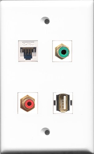 RiteAV 1 Port RCA Red and 1 Port RCA Green and 1 Port USB A-A and 1 Port Cat5e Ethernet White Wall Plate