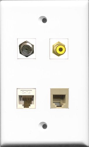 RiteAV 1 Port RCA Yellow and 1 Port Coax Cable TV- F-Type and 1 Port Phone RJ11 RJ12 Beige and 1 Port Cat6 Ethernet White Wall Plate