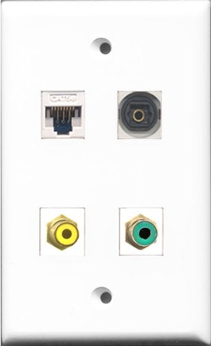 RiteAV 1 Port RCA Yellow and 1 Port RCA Green and 1 Port Toslink and 1 Port Cat5e Ethernet White Wall Plate