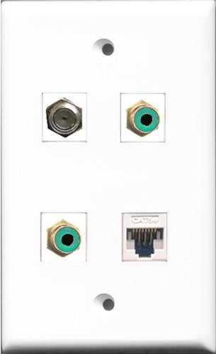 RiteAV - 2 Port RCA Green and 1 Port Coax Cable TV- F-Type and 1 Port Cat5e Ethernet White Wall Plate