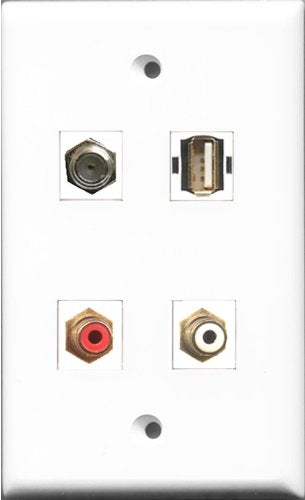 RiteAV 1 Port RCA Red and 1 Port RCA White and 1 Port Coax Cable TV- F-Type and 1 Port USB A-A Wall Plate