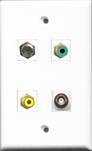 RiteAV 1 Port RCA Yellow and 1 Port RCA Green and 1 Port Coax Cable TV- F-Type and 1 Port BNC Wall Plate