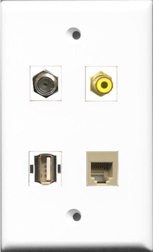 RiteAV 1 Port RCA Yellow and 1 Port Coax Cable TV- F-Type and 1 Port USB A-A and 1 Port Phone RJ11 RJ12 Beige Wall Plate