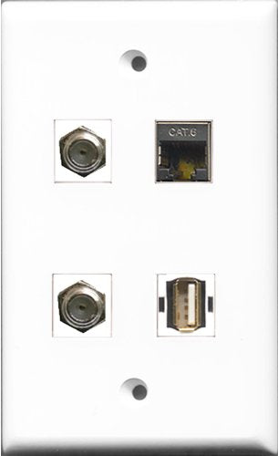 RiteAV - 2 Port Coax Cable TV- F-Type and 1 Port USB A-A and 1 Port Shielded Cat6 Ethernet Wall Plate