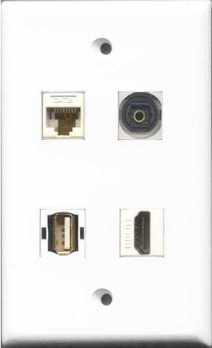 RiteAV 1 Port HDMI and 1 Port USB A-A and 1 Port Toslink and 1 Port Cat6 Ethernet White Wall Plate