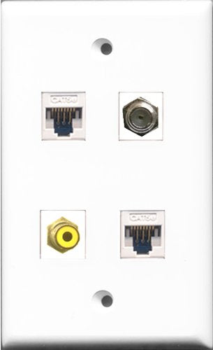 RiteAV - 1 Port RCA Yellow and 1 Port Coax Cable TV- F-Type 2 Port Cat5e Ethernet White Wall Plate
