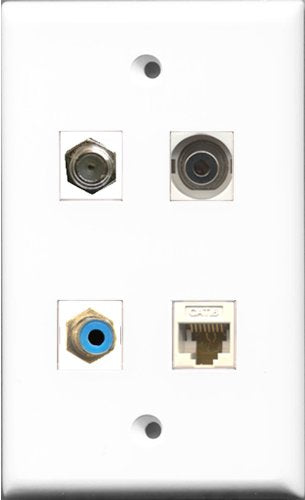 RiteAV 1 Port RCA Blue and 1 Port Coax Cable TV- F-Type and 1 Port 3.5mm and 1 Port Cat6 Ethernet White Wall Plate