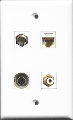RiteAV 1 Port RCA White and 1 Port Coax Cable TV- F-Type and 1 Port 3.5mm and 1 Port Cat6 Ethernet White Wall Plate