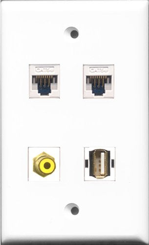 RiteAV - 1 Port RCA Yellow and 1 Port USB A-A 2 Port Cat5e Ethernet White Wall Plate