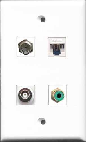 RiteAV 1 Port RCA Green and 1 Port Coax Cable TV- F-Type and 1 Port BNC and 1 Port Cat5e Ethernet White Wall Plate