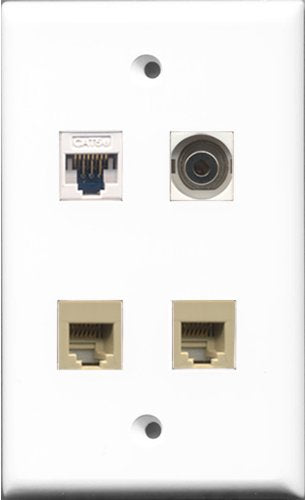 RiteAV - 2 Port Phone RJ11 RJ12 Beige and 1 Port 3.5mm and 1 Port Cat5e Ethernet White Wall Plate