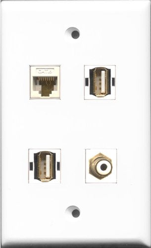 RiteAV 1 Port RCA White 2 Port USB A-A and 1 Port Cat6 Ethernet White Wall Plate