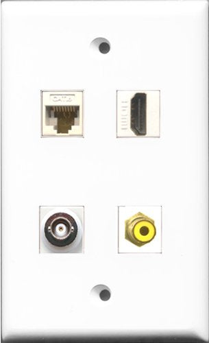 RiteAV 1 Port HDMI and 1 Port RCA Yellow and 1 Port BNC and 1 Port Cat6 Ethernet White Wall Plate