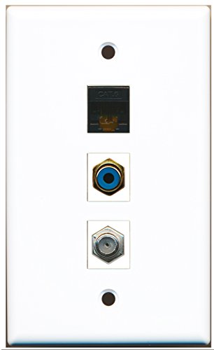 RiteAV - 1 Port RCA Blue and 1 Port Coax Cable TV- F-Type and 1 Port Cat6 Ethernet Black Wall Plate