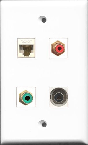 RiteAV 1 Port RCA Red and 1 Port RCA Green and 1 Port 3.5mm and 1 Port Cat6 Ethernet White Wall Plate