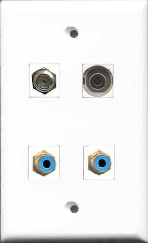 RiteAV - 2 Port RCA Blue and 1 Port Coax Cable TV- F-Type and 1 Port 3.5mm Wall Plate