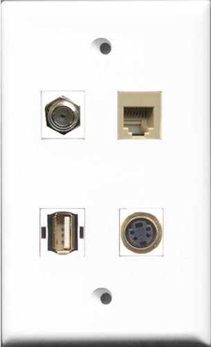 RiteAV 1 Port Coax Cable TV- F-Type and 1 Port USB A-A and 1 Port Phone RJ11 RJ12 Beige and 1 Port S-Video Wall Plate