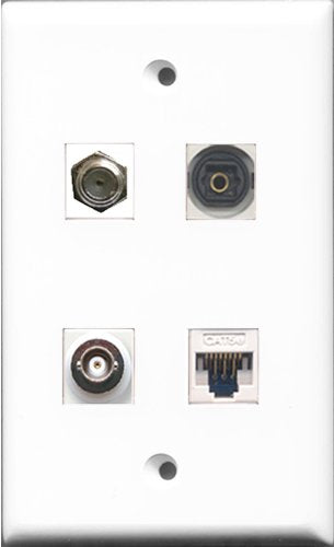 RiteAV 1 Port Coax Cable TV- F-Type and 1 Port Toslink and 1 Port BNC and 1 Port Cat5e Ethernet White Wall Plate