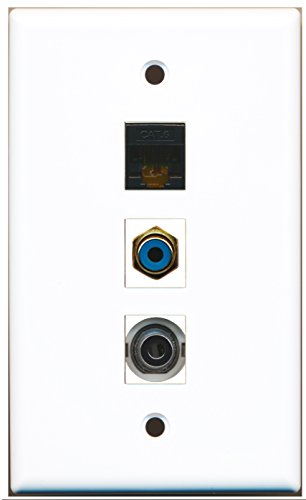 RiteAV - 1 Port RCA Blue and 1 Port 3.5mm and 1 Port Cat6 Ethernet Black Wall Plate