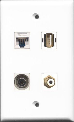RiteAV 1 Port RCA White and 1 Port USB A-A and 1 Port 3.5mm and 1 Port Cat5e Ethernet White Wall Plate