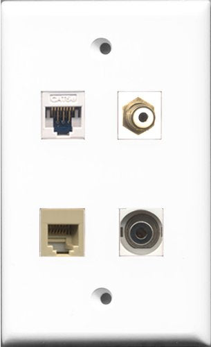 RiteAV 1 Port RCA White and 1 Port Phone RJ11 RJ12 Beige and 1 Port 3.5mm and 1 Port Cat5e Ethernet White Wall Plate