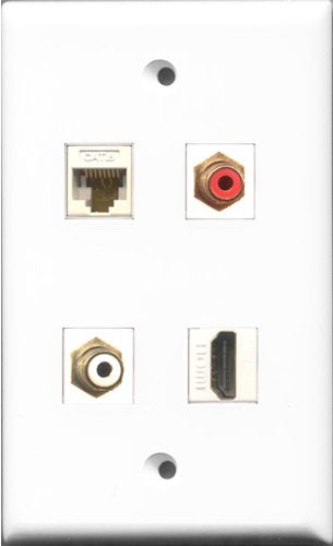 RiteAV 1 Port HDMI and 1 Port RCA Red and 1 Port RCA White and 1 Port Cat6 Ethernet White Wall Plate