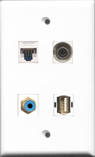 RiteAV - 1 Port RCA Blue and 1 Port USB A-A and 1 Port 3.5mm and 1 Port Cat5e Ethernet White Wall Plate