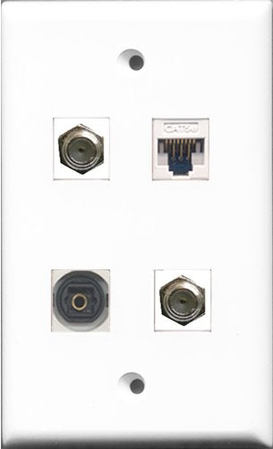 RiteAV - 2 Port Coax Cable TV- F-Type and 1 Port Toslink and 1 Port Cat5e Ethernet White Wall Plate