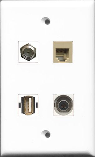 RiteAV 1 Port Coax Cable TV- F-Type and 1 Port USB A-A and 1 Port Phone RJ11 RJ12 Beige and 1 Port 3.5mm Wall Plate