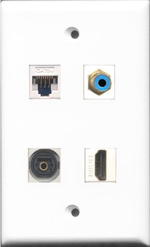 RiteAV 1 Port HDMI and 1 Port RCA Blue and 1 Port Toslink and 1 Port Cat5e Ethernet White Wall Plate