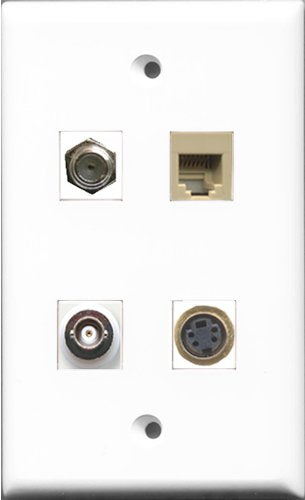RiteAV 1 Port Coax Cable TV- F-Type and 1 Port Phone RJ11 RJ12 Beige and 1 Port S-Video and 1 Port BNC Wall Plate