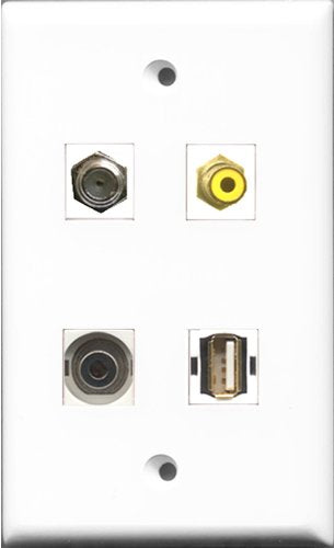 RiteAV 1 Port RCA Yellow and 1 Port Coax Cable TV- F-Type and 1 Port USB A-A and 1 Port 3.5mm Wall Plate
