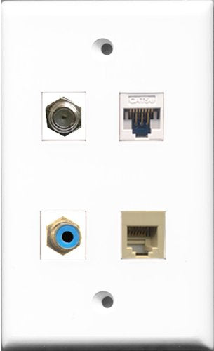 RiteAV 1 Port RCA Blue and 1 Port Coax Cable TV- F-Type and 1 Port Phone RJ11 RJ12 Beige and 1 Port Cat5e Ethernet White Wall Plate