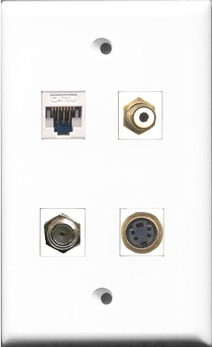 RiteAV 1 Port RCA White and 1 Port Coax Cable TV- F-Type and 1 Port S-Video and 1 Port Cat5e Ethernet White Wall Plate