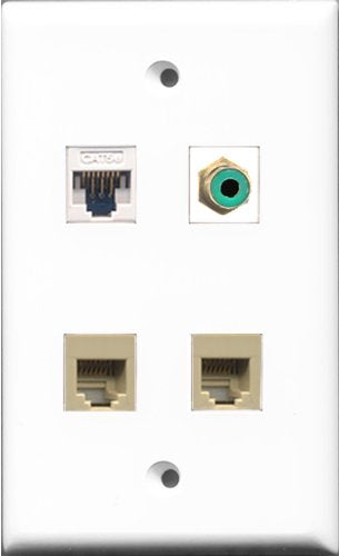 RiteAV 1 Port RCA Green 2 Port Phone RJ11 RJ12 Beige and 1 Port Cat5e Ethernet White Wall Plate