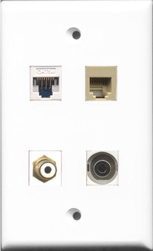RiteAV 1 Port RCA White and 1 Port Phone RJ11 RJ12 Beige and 1 Port 3.5mm and 1 Port Cat5e Ethernet White Wall Plate