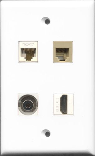 RiteAV 1 Port HDMI and 1 Port Phone RJ11 RJ12 Beige and 1 Port 3.5mm and 1 Port Cat6 Ethernet White Wall Plate