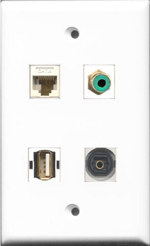 RiteAV 1 Port RCA Green and 1 Port USB A-A and 1 Port Toslink and 1 Port Cat6 Ethernet White Wall Plate