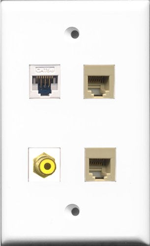 RiteAV 1 Port RCA Yellow 2 Port Phone RJ11 RJ12 Beige and 1 Port Cat5e Ethernet White Wall Plate