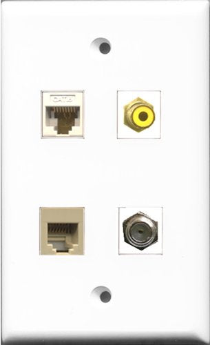 RiteAV 1 Port RCA Yellow and 1 Port Coax Cable TV- F-Type and 1 Port Phone RJ11 RJ12 Beige and 1 Port Cat6 Ethernet White Wall Plate