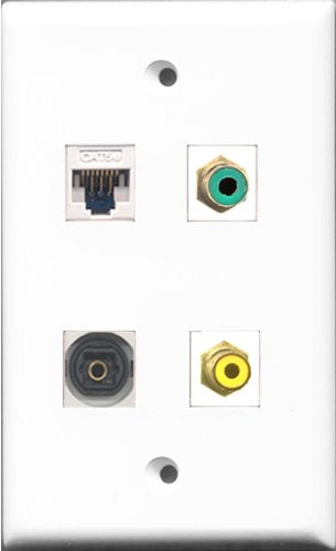 RiteAV 1 Port RCA Yellow and 1 Port RCA Green and 1 Port Toslink and 1 Port Cat5e Ethernet White Wall Plate