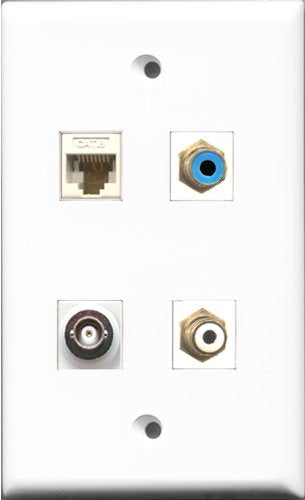 RiteAV 1 Port RCA White and 1 Port RCA Blue and 1 Port BNC and 1 Port Cat6 Ethernet White Wall Plate