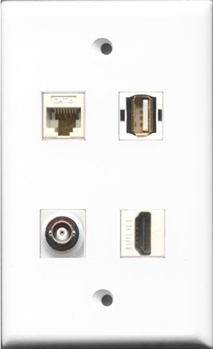 RiteAV 1 Port HDMI and 1 Port USB A-A and 1 Port BNC and 1 Port Cat6 Ethernet White Wall Plate