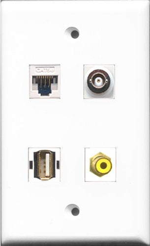 RiteAV - 1 Port RCA Yellow and 1 Port USB A-A and 1 Port BNC and 1 Port Cat5e Ethernet White Wall Plate