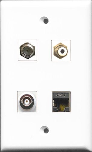 RiteAV 1 Port RCA White and 1 Port Coax Cable TV- F-Type and 1 Port Shielded Cat6 Ethernet and 1 Port BNC Wall Plate